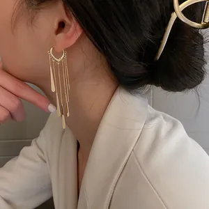 Primo piano di lunghi orecchini a nappa dorati con cerchi a cuore per un look elegante.