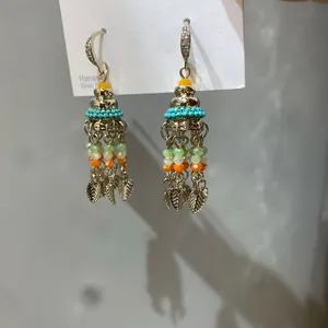 Bohemian Ethnic Style Glass Bead Tassel Drop Earrings Vintage Leaf Charm Rhinestone Inlaid Silver Post Ear Hooks Women Jewelry