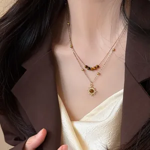 Vintage Gold Sunflower Tiger Eye Stone Double Layer Necklace Niche Design Elegant Sweater Chain Jewelry For Women