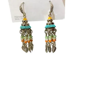 Bohemian tassel earrings with colorful beads and leaf pendants on zircon hooks