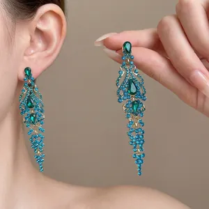 Orecchini pendenti vintage stile palazzo con strass blu a goccia d'acqua e aghi d'argento