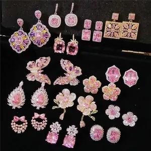 Luxury Pink Zirconia Butterfly Flower Stud Earrings With 925 Sterling Silver Earring Post Copper Inlaid Shiny Jewelry For Women Party