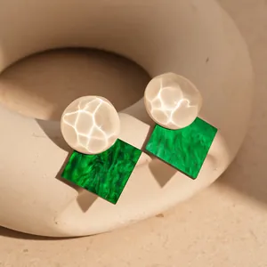 Retro Hong Kong Style Frosted Resin Geometric Stud Earrings For Women Silver Earring Post Hammered Marble Green White Earrings