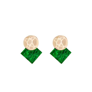 Vintage hammered gold circular studs with green marble resin square drop earrings