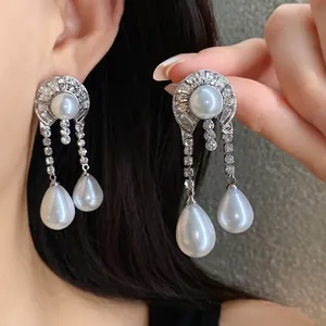 Orecchini a Goccia in Perla Artificiale Stile Palazzo Vintage Con Perno in Argento Sterling 925 Gioielli Geometrici Intarsiati in Strass per Donna