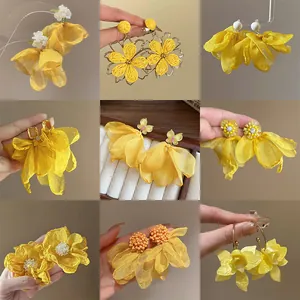 Elegant Chiffon Mesh Flower Drop Earrings With Zirconia Artificial Pearl Tassel Silver Post Holiday Jewelry For Women