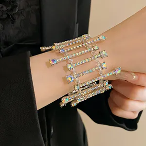 Detailed view of an elegant geometric silver bracelet featuring sparkling AB rhinestones