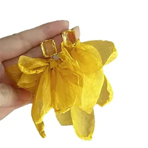 Vibrant yellow chiffon mesh flower earrings with rectangular zircon studs for vacation
