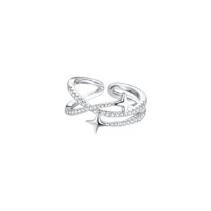 Elegant silver-toned four-pointed star open ring with sparkling zircon inlay for women.