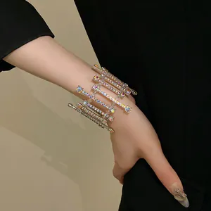 Detail shot of an exquisite luxury crystal rhinestone geometric bracelet on a wrist