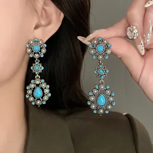 Vintage Gold Tone Floral Waterdrop Drop Earrings For Women Artificial Pearl Blue Rhinestone Inlaid Silver Post Elegant Retro Earrings Jewelry