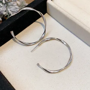 Close-up of twisted silver-colored hoop earrings in a minimalist jewelry box