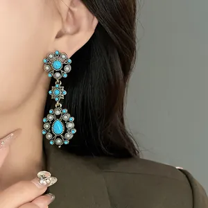 Exquisite vintage flower teardrop earrings featuring faux turquoise and elegant pearls