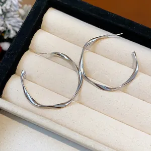 Professional macro detail of minimalist silver twisted hoop earrings in a jewelry box