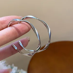 Close-up detail showing the elegant polished texture of silver twisted hoop earrings