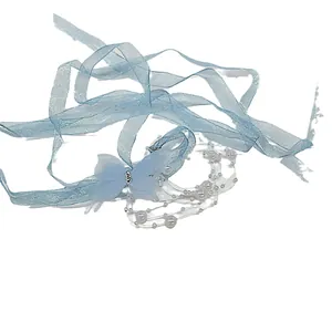 Elfischer Waldstil hellblaue Bandkette mit Strassschmetterling und Kunstperlen