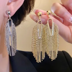 Vintage Copper Irregular Tassel Stud Earrings For Women With 925 Sterling Silver Earring Post Light Luxury Bead Chain Jewelry