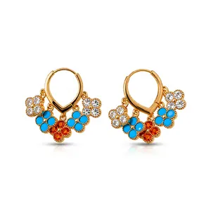 Elegant gold plated flower tassel hoop earrings with blue and orange cubic zirconia