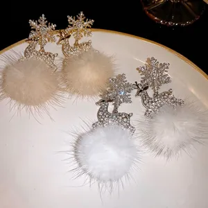 Snowflake Deer Fur Ball Drop Earrings Alloy Rhinestone 925 Sterling Silver Earring Post Christmas Winter Women Gift Jewelry
