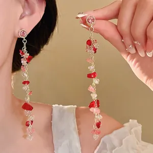 Long Tassel Drop Earrings For Women Gold Plated Alloy Sweet Pink Red Crushed Stone Rhinestone 925 Silver Earring Post