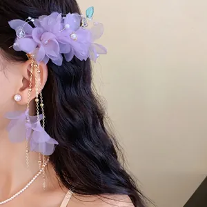 Elegante fermaglio per capelli a fiore in rete viola con nappe per un'estetica primaverile