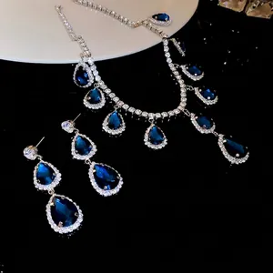 Retro Geometric Teardrop Rhinestone Earrings Alloy Necklace For Women Light Luxury High-End Blue Silver Earring Post Jewelry