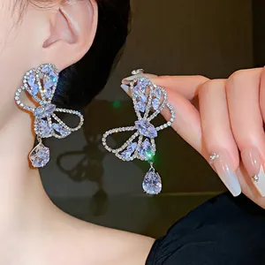 Elegant butterfly zircon earrings with teardrop drops and 925 silver needle posts.