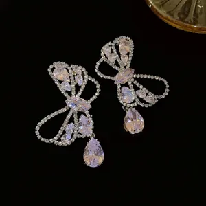 Elegant silver needle zircon butterfly earrings with teardrop crystal pendants for women