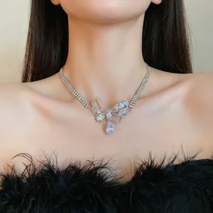 Elegant silver-tone butterfly choker necklace with shimmering zircon waterdrop pendant.