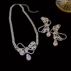 Detail shot of elegant silver zircon butterfly bow and waterdrop jewelry set with rhinestones