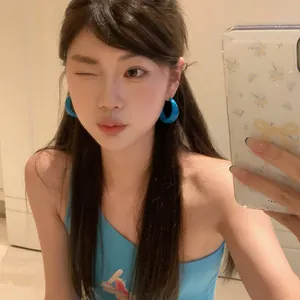 Trendy blue C-shaped acrylic hoop earrings for women, minimalist vintage fashion style.