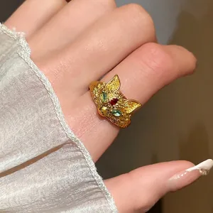 Vintage Chinese Style Gold Plated Copper Fox Open Ring For Women Rhinestone Animal Adjustable Finger Ring Niche Jewelry Gift