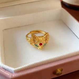 Elegant 24K gold plated fox head adjustable ring with vibrant red and green zircon