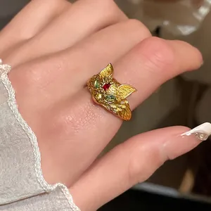 Elegant vintage gold plated fox head open ring with red and green zircon eyes.
