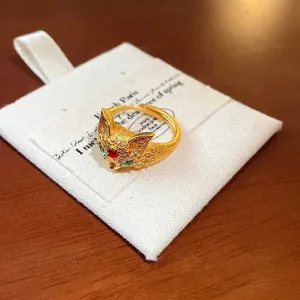 Adjustable 24K gold plated fox ring with sparkling green zircon eyes for women