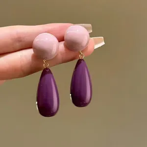 Vintage Hong Kong Style Acrylic Drop Earrings For Women Round Pink And Purple Water Drop Dangle Earrings With 925 Sterling Silver Earring Post