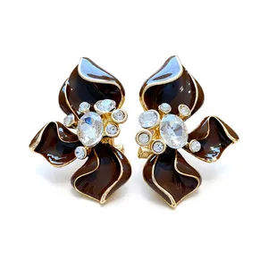 Retro vintage Maillard brown enamel flower stud earrings with sparkling crystal accents