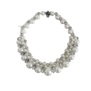 Elegant French style pearl and rhinestone beaded choker necklace on white background
