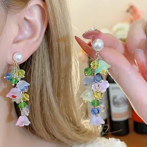Sweet Resin Flower Tassel Drop Earrings With 925 Sterling Silver Earring Post Elegant Artificial Pearl Colorful Glass Beads Jewelry For Women