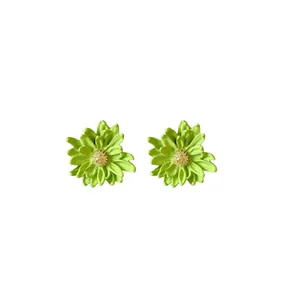 Sweet lime green daisy flower stud earrings with golden center and silver needle back