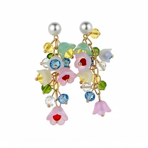 Elegant floral tassel earrings with colorful resin flowers and white pearls jewelry