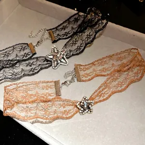 Vintage lace choker necklaces with rhinestone star pendants in black and champagne