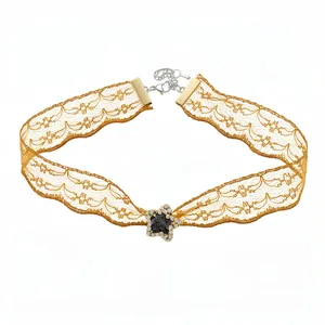Elegant gold lace choker necklace featuring a sparkling black star rhinestone pendant for women