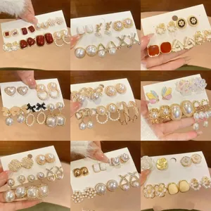 Vintage French Style Alloy Artificial Pearl Flower Stud Earrings Set Enamel Heart Rhinestone Jewelry For Women Gift