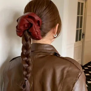 Vintage dark red faux leather oversized scrunchie for elegant braided hairstyles