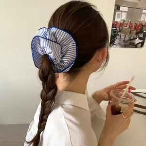 Close-up detail of blue and white striped scrunchie accessory on braided ponytail