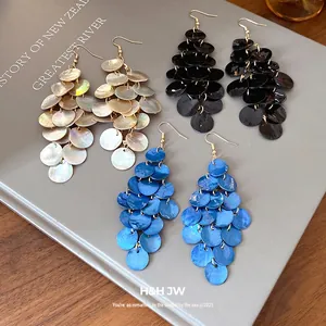 Boucles d'Oreilles Pendantes Gland en Coquillage Rond pour Femmes Mode Géométrique Disque de Coquillage Crochets Style Vacances