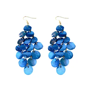 Boucles d'oreilles pendantes en nacre bleue avec disques ronds pour vacances à la plage