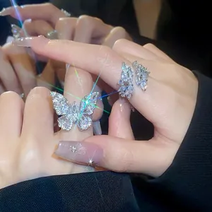Anello Aperto Geometrico con Foglia in Zirconia di Nicchia per Donna Colore Argento Farfalla Indice Gioielli Regolabili