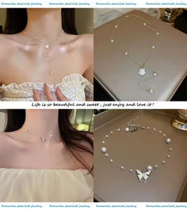 Collage détaillé d'un collier de perles à fleurs françaises et d'un choker papillon